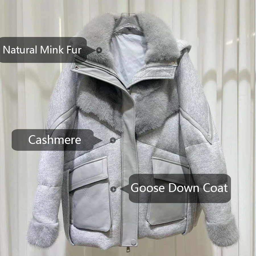 Cashmere Mink Down Jacket Women Luxury Real Fur Puffer Jacket With Hood Winter Warm Goose Down Jackets