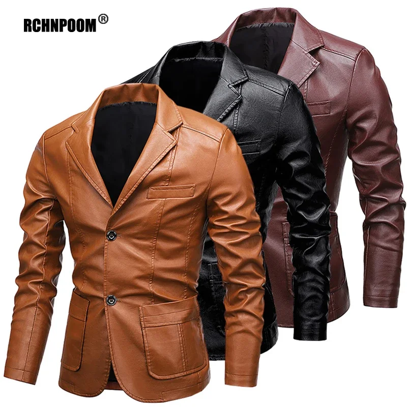 Men's Vintage 2024 Fashion Casual Autumn Design Motor Biker Jacket Male Windbreaker Winter Fleece Pu Leather Caot