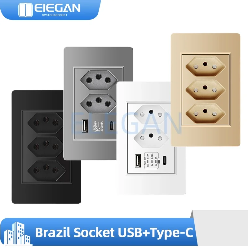 

ELEGAN Gold Brazil Fireproof PC Panel Standard Outlet Double USB Type C Wall Power Socket Light Switch Office 118mm*72mm 10A 20A