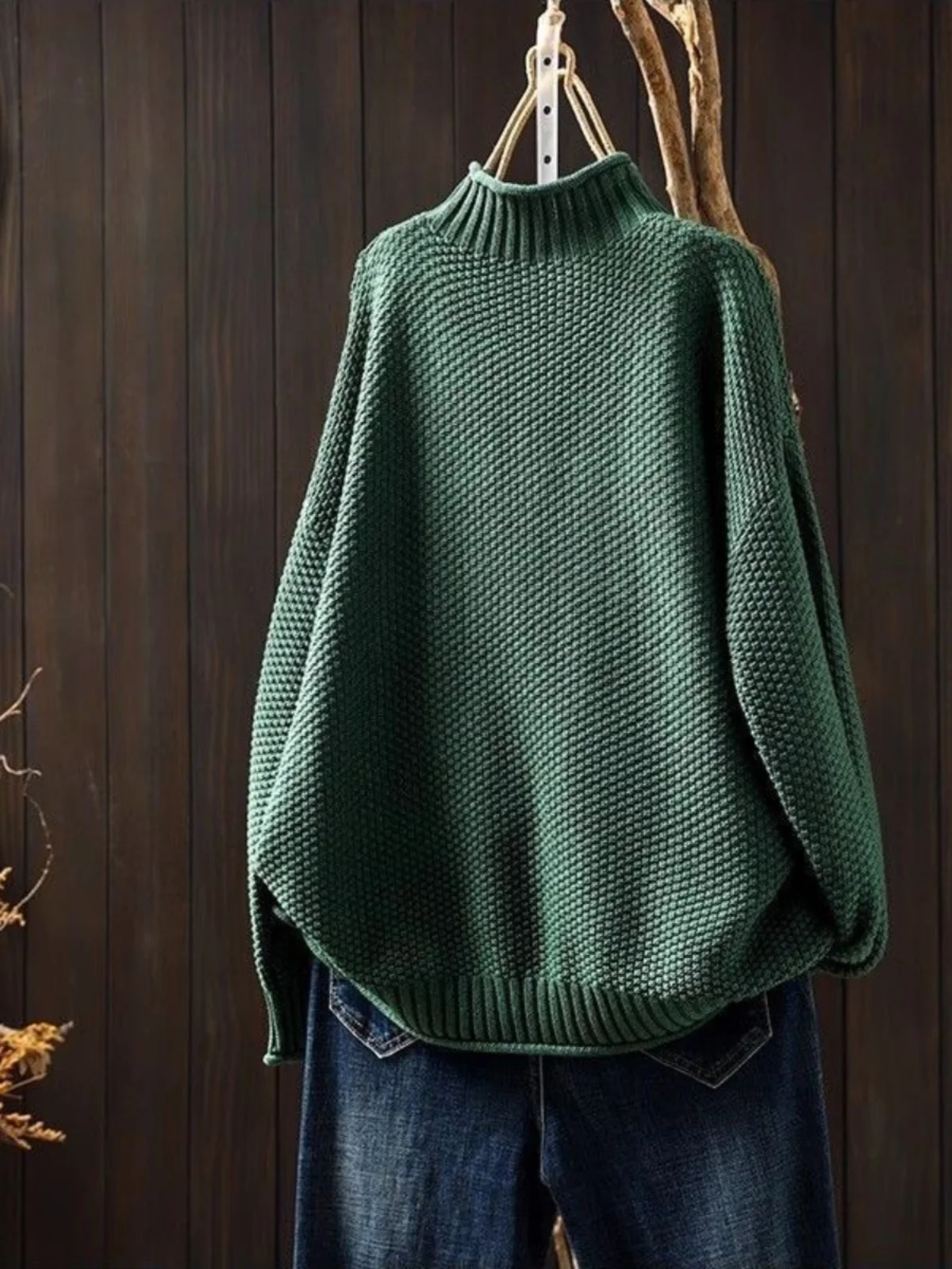 سترة محبوكة فضفاضة غير رسمية للنساء لخريف وشتاء ريترو فني Sle طويل Sve علوي بياقة عالية رفيع عادي #3
