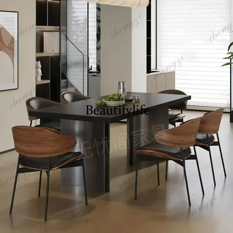 E182 Italian minimalist pure black thickened rock slab dining table and chair combination large apartment, rectangular island