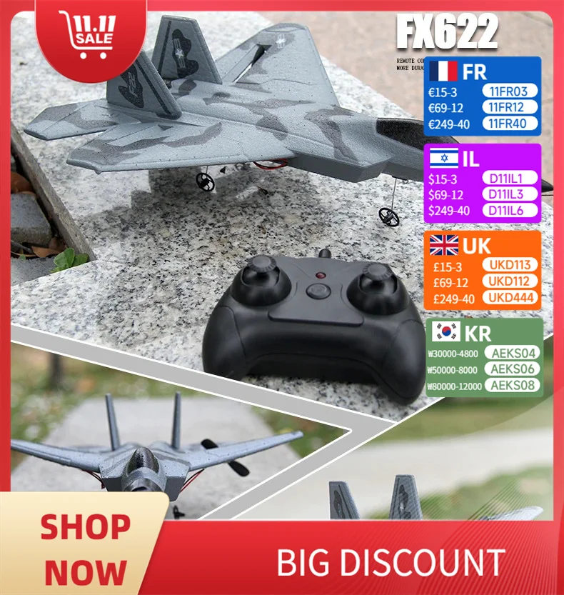 

FX622 F22 Raptor RC Plane - 2.4G 3-Axis Gyro 2-Channel Diff-Steer EPP Foam Glider Beginner Friendly