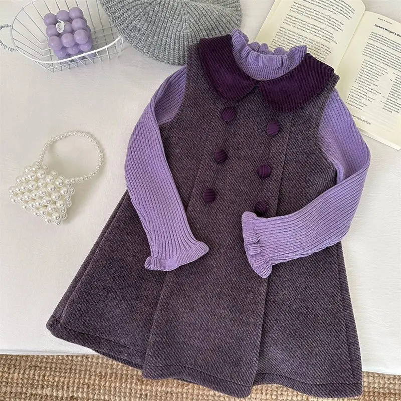 キッズベビー冬子供厚い-a-ライン紫サンドレス-タートルネックセーター-2-個スーツ女の子子供ボールガウンプリンセスパーティースカート