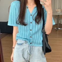 Summer Solid Color Hollow Out Knitting Short Sleeve Tops Ladies Fashion Buttons Women's Clothing 2024 Trend All-match Blouses