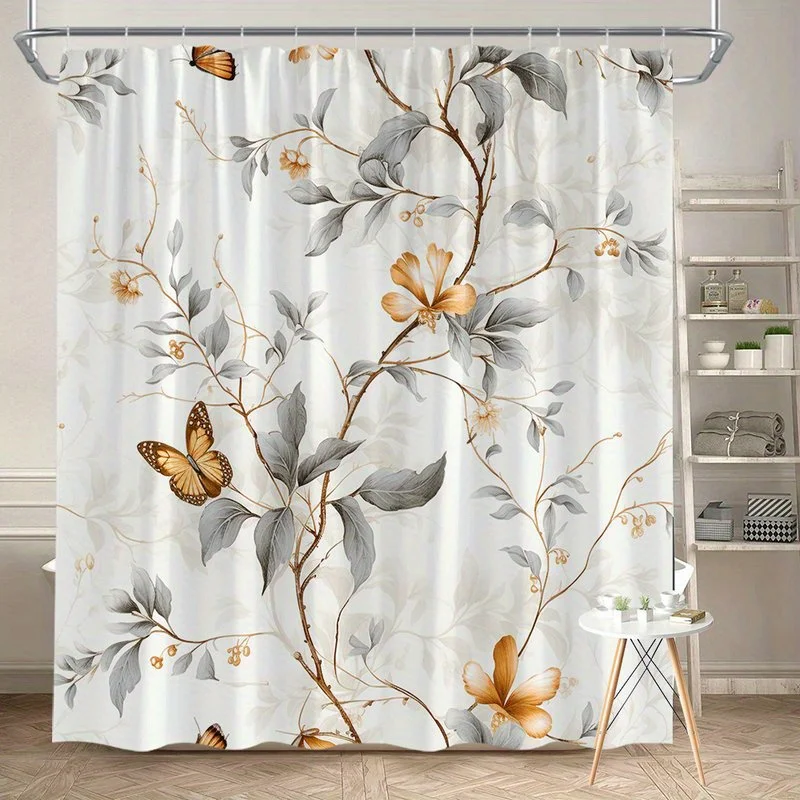 

1 шт., винтажная занавеска для душа с веткой растений - полиэфирная ткань, можно стирать в машине, подходит для украшения ванной комнаты и отеля