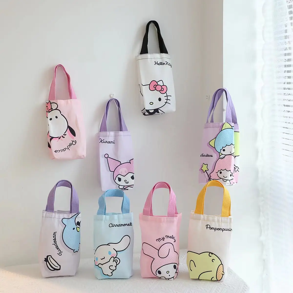 Sanrio Canvas Cup Insulation Cover Kuromi Hello Kitty Cinnamoroll Melody Kawaii Cute Portable Water Bottle Storage Bags Gift