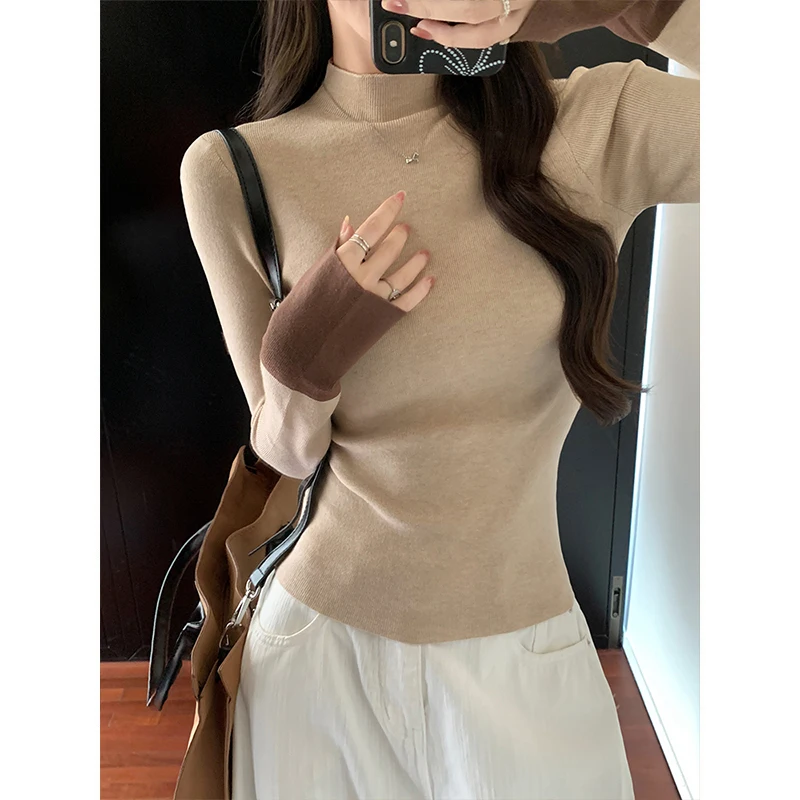 컬러 블록 니트 롱 스웨터 하이 칼라 베이스 티셔츠 여성 패션 가을 겨울 빈티지 슬리브 이너웨어 티셔츠