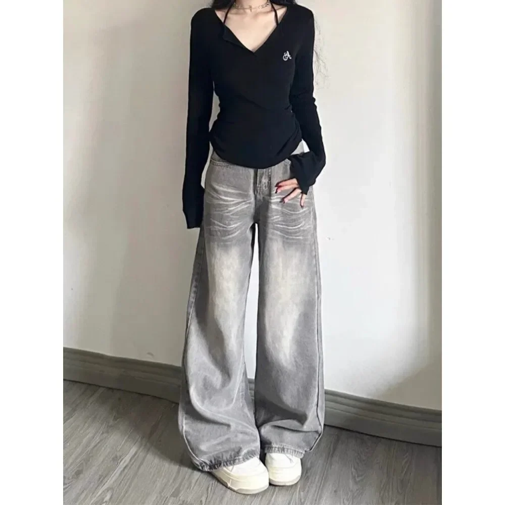 2024 grey wide-leg jeans women's spring and autumn new high-waist, loose, slim and vertical straight pants for mopping the floor