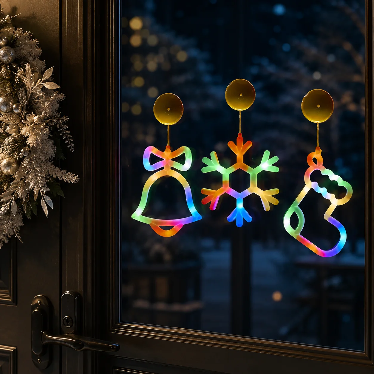 LED Christmas Suction Cup Window Light Snowflake Jingle Bell Battery Powered Colorful Hanging Lamp for Xmas Home Indoor Decor