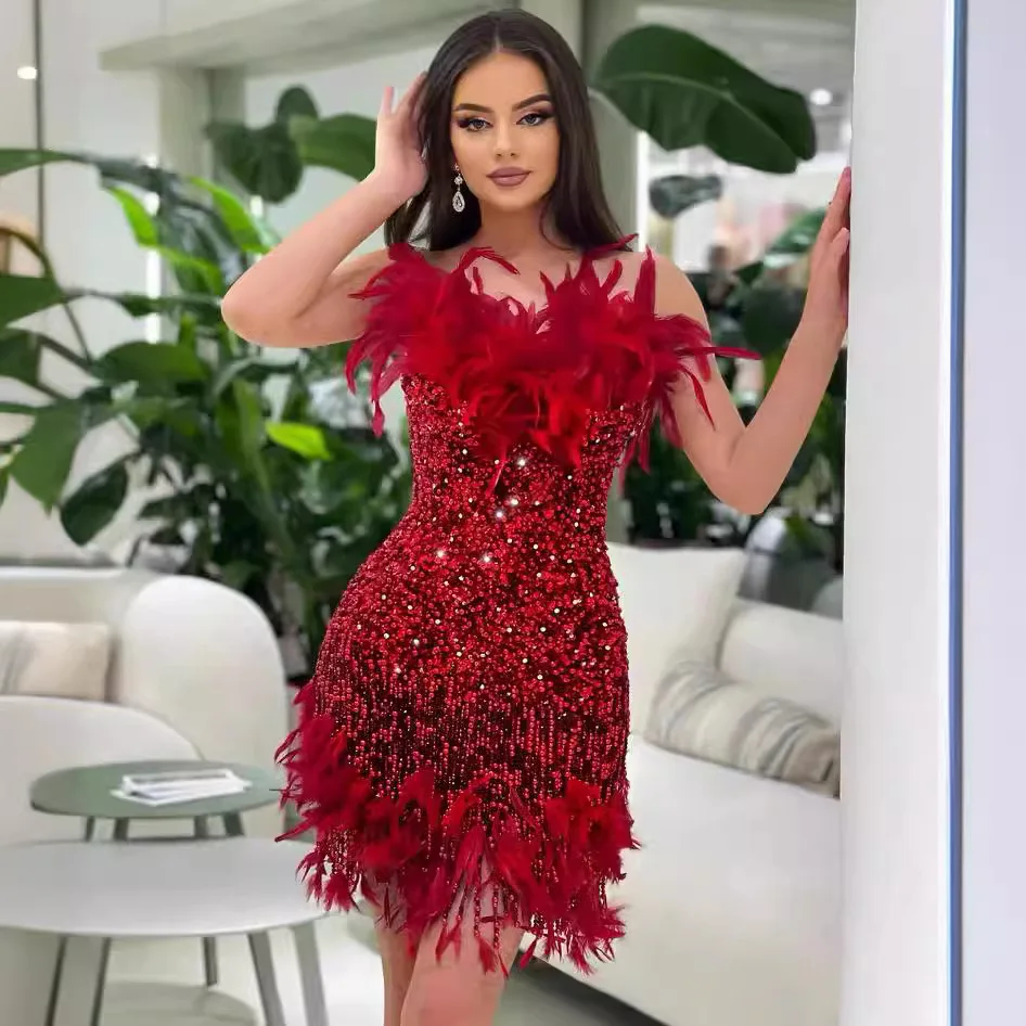 

Red New Style High-Grade Feather Decoration Sequin Slim Fit Beaded Tassel Niche Short Party Dress