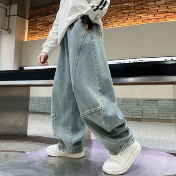 4-12Years Boys Jeans New Wide Straight Leg Denim Pant Children Spring Autumn Big Kids Handsome Cotton Sports Pants 4