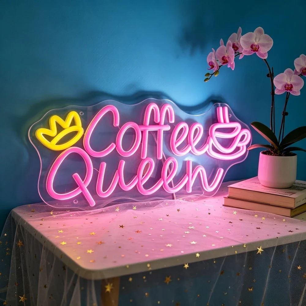 Coffee Queen LED Neon Sign Dimmable Pink Crown Coffee Neon Light for Cafe Kitchen Coffee Bar Bedroom Aesthetic Wall Decor Gift