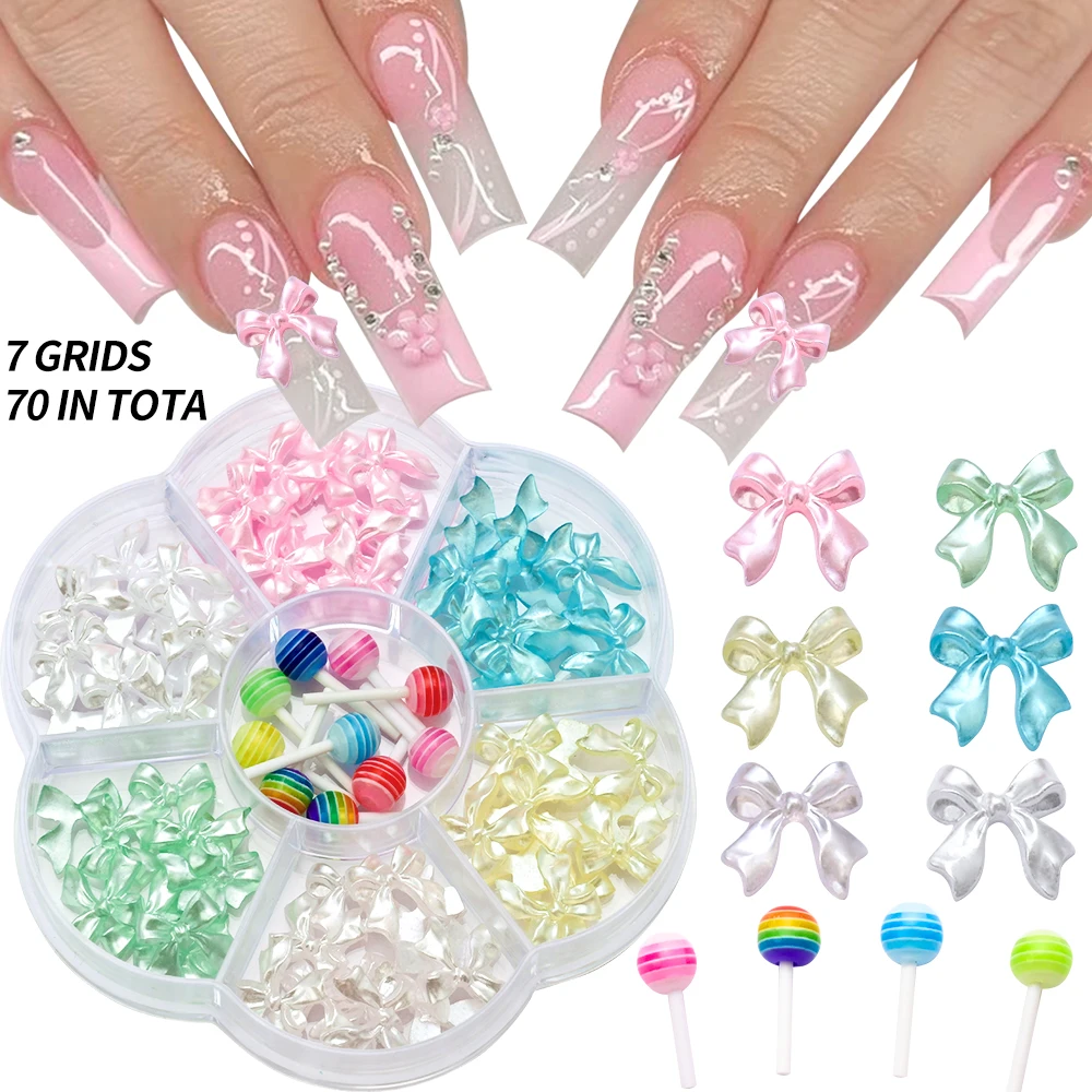 70pcs/Set 3D Lollipop Bow Tie Nail Art Decoration Sweet Pearly Glossy Ribbon Bow Resin Nail Charms Nail Accessories Manicure DIY