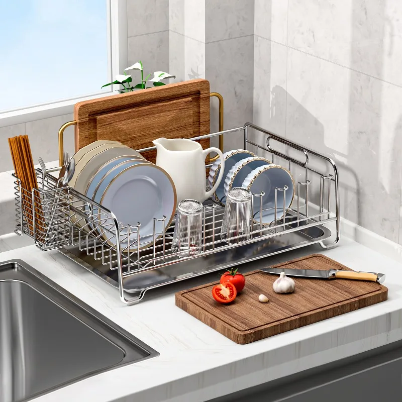 

304 Stainless Steel Dish Drainer Rack Kitchen Sink Organizer Multi-functional Plate/bowl Rack Countertop Cutlery Storage Shelf