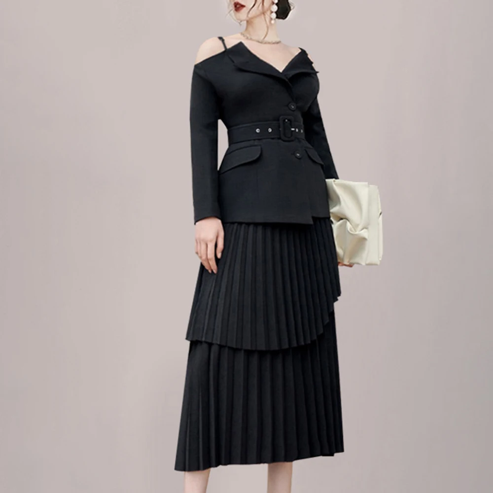 VGH Elegant Skirts Set For Women Lapel Long Sleeve Spliced Belt Tunic Backless Coat High Waist Pleated Skirt Chic Sets Female