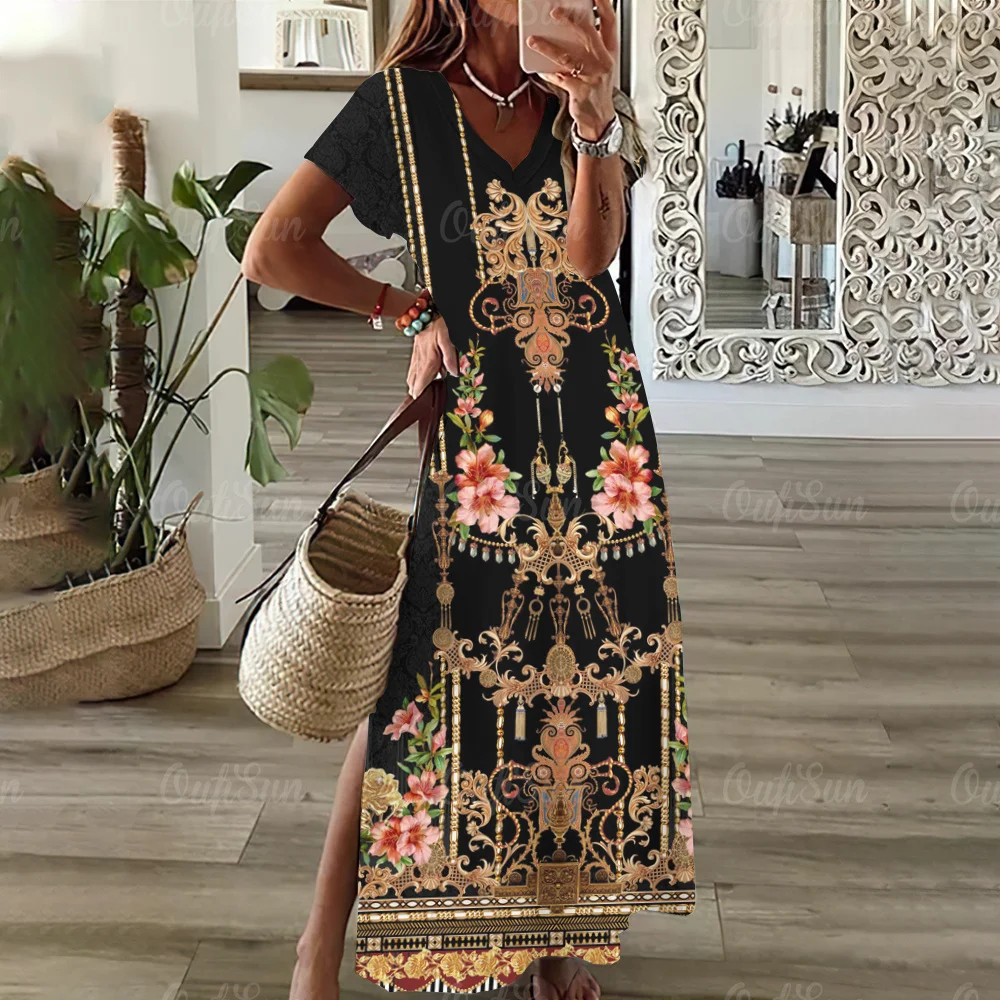 

Summer Women's V-Neck Bohemian Dresses Vintage Geometric Streaks Elegant Clothing 2024 Short Sleeves Streetwear Slit Long Dress