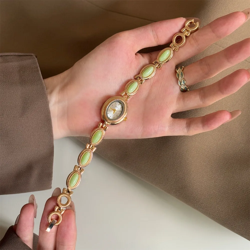 

Винтажные женские наручные часы с цветными драгоценными камнями, элегантные овальные часы, персонализированные часы, роскошный подарок, кварцевые часы