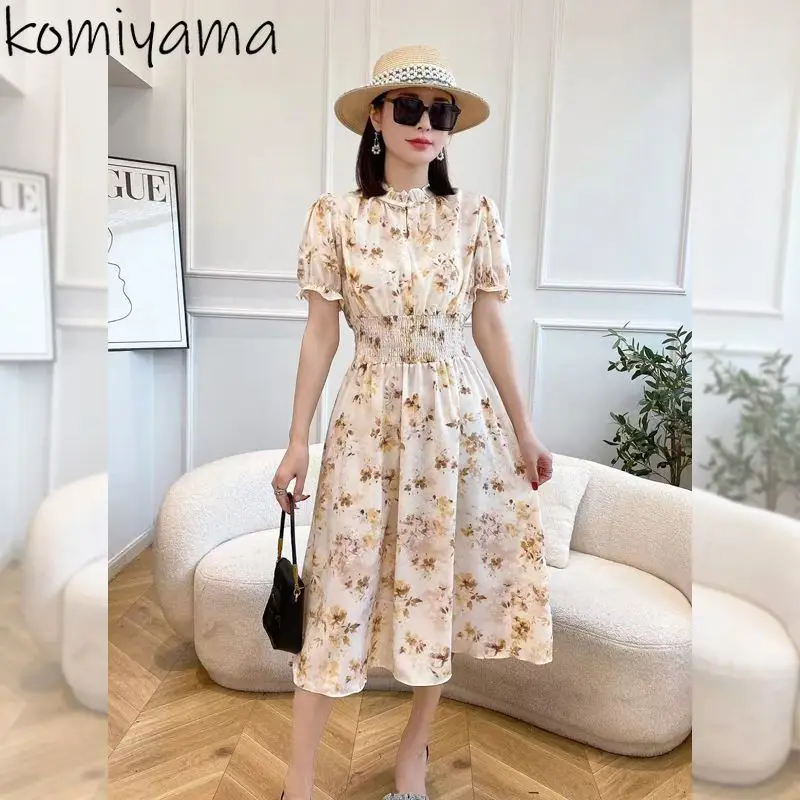 

Pleated Tunic Vestidos Short Sleeve Dress Summer Broken Flower Dresses High Waist Holiday Vestido Temperament Ropa Mujer