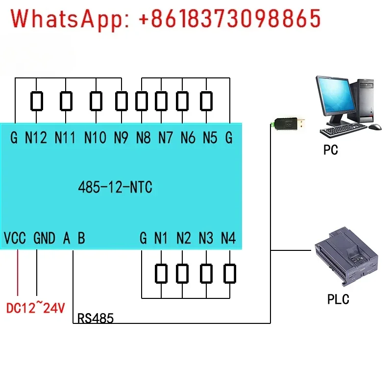 12-Channel NTC Temperature Transmitter 10K Thermistor To RS485 Modbus RTU Communication Temperature Collector