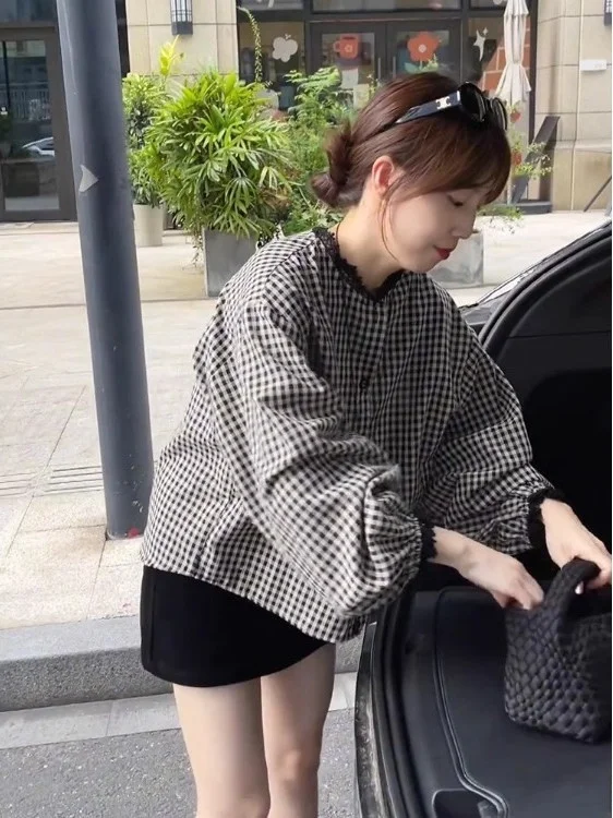 

Ele Lace Collar Plaid Long Sve irt Lantern Sve Top Spring 2026 New Arrival Women's Busin Casual Faion