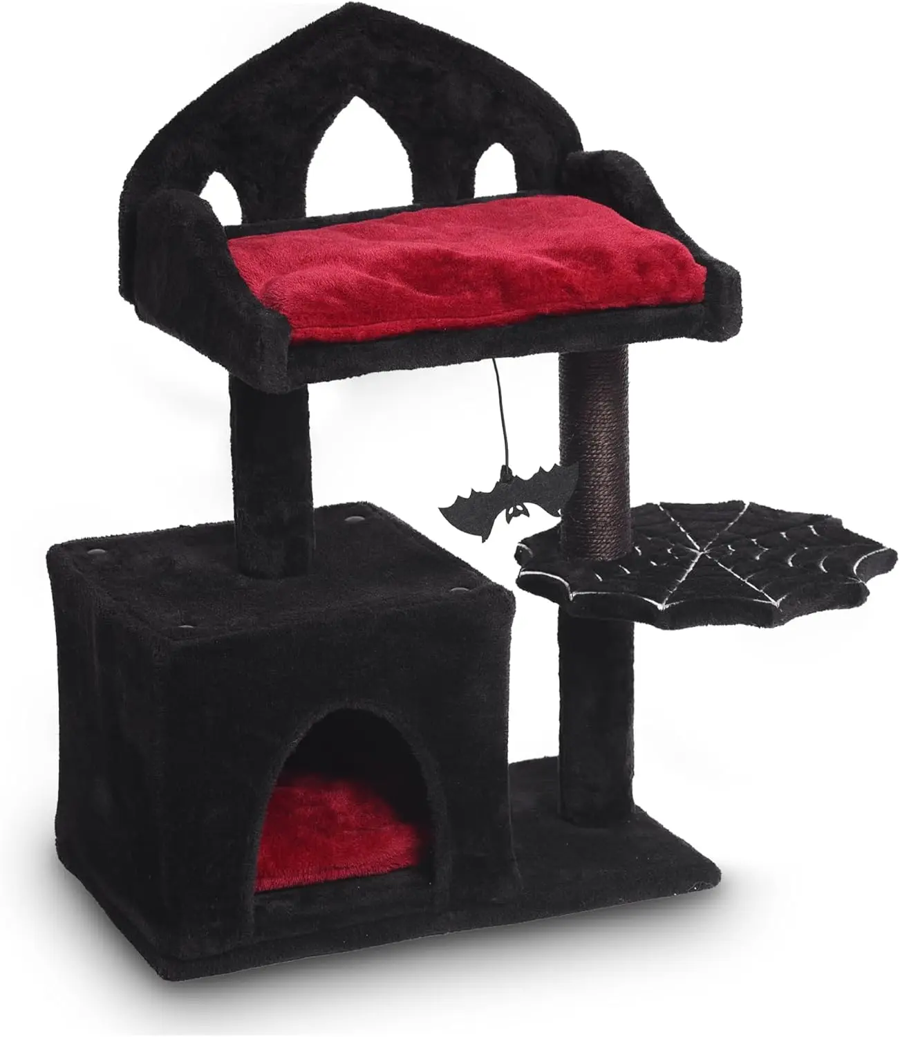 Cat Tree with Regal Throne Bed, Spacious Cat condo, Spooky Hanging Bat and Durable Sisal Scratching Post - Goth