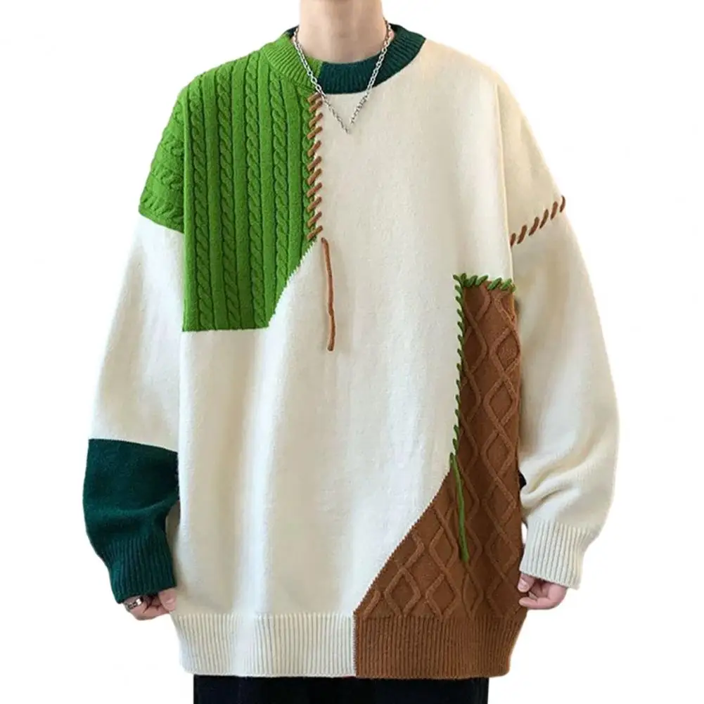 Winter Männer Pullover gestrickt dicke warme lose koreanische Pullover Kontrast farbe Patchwork mittellange Männer Pullover Pullover