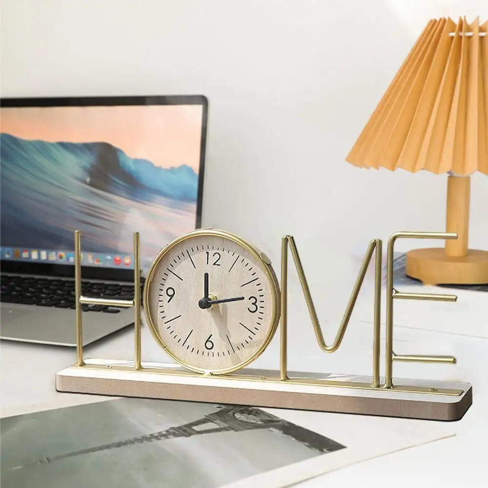 English Letter Clock Modern Metal Love Home Clock with Wooden Base for Office Room Decor Non-ticking Silent Desktop Clock