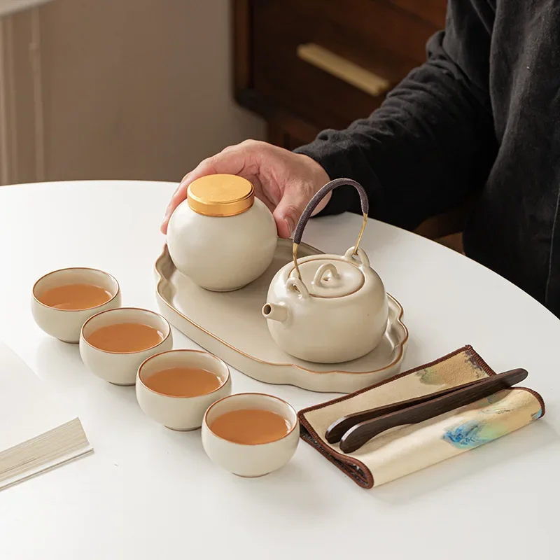 Ceramic Teapot Porcelain Ruyao Outdoor Portable Travel Set One Pot Four Cups with Tea Tray Handbag High-end Tea Tool Gift Set