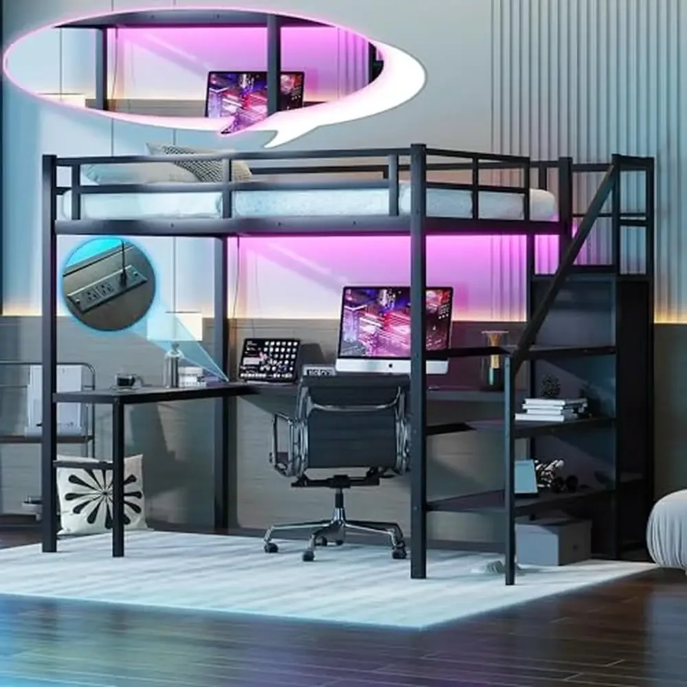 Cama loft de metal em tamanho real com mesa em forma de l e luzes led estação de carregamento guarda-roupa prateleira ajustável crianças loft cama rack metal