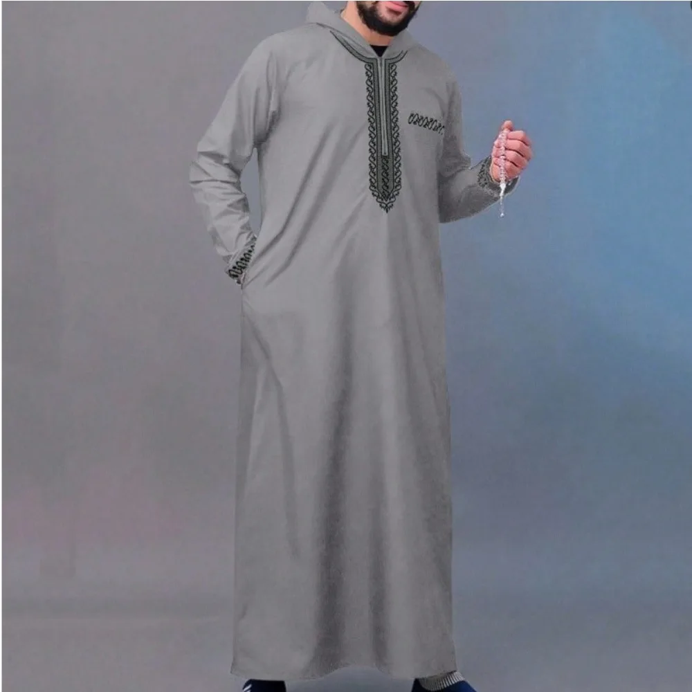 Uomini musulmani Abito lungo Jubba Thobe Ricamo Abaya con cappuccio Abito Dubai Caftano Ramadan Marocco 2025 Preghiera islamica saudita Dishdasha