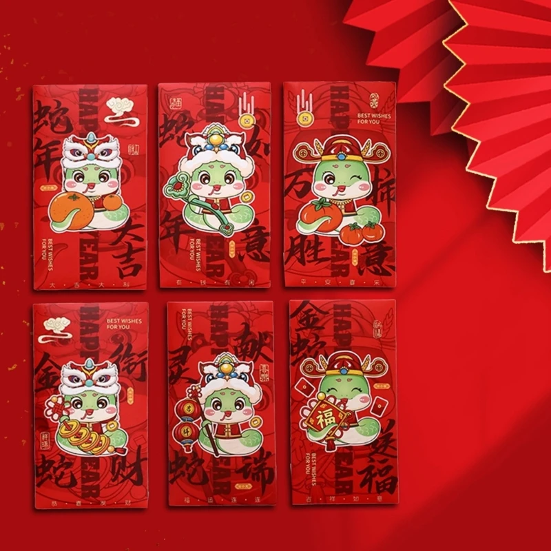 6 Pieces Traditional New Year Money Packets Cartoon 2025 Snake Themed Redness Envelopes Chinese Spring Festival Hongbao