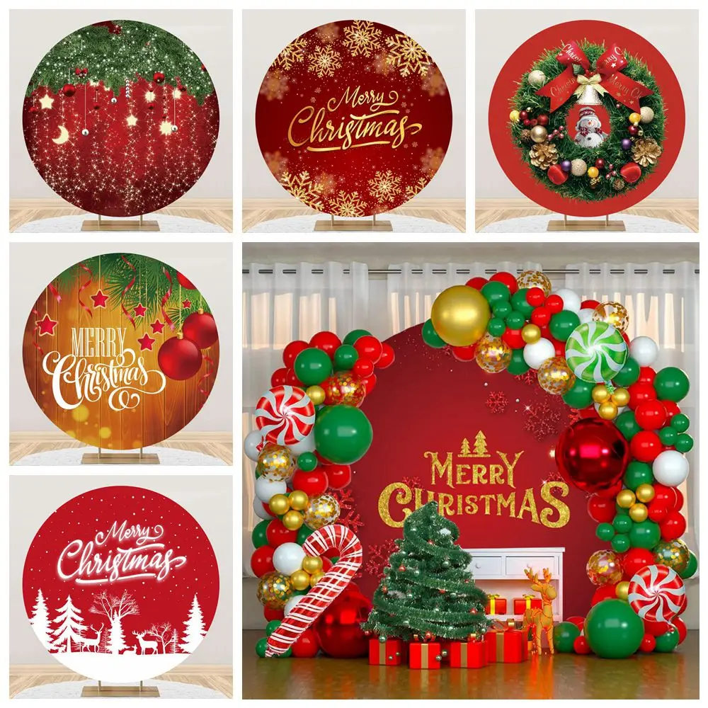 

Merry Christmas Round Backdrop Cover Winter Snowflake Red Ball Glitter Star Xmas Party Decor Photography Background Photo Props