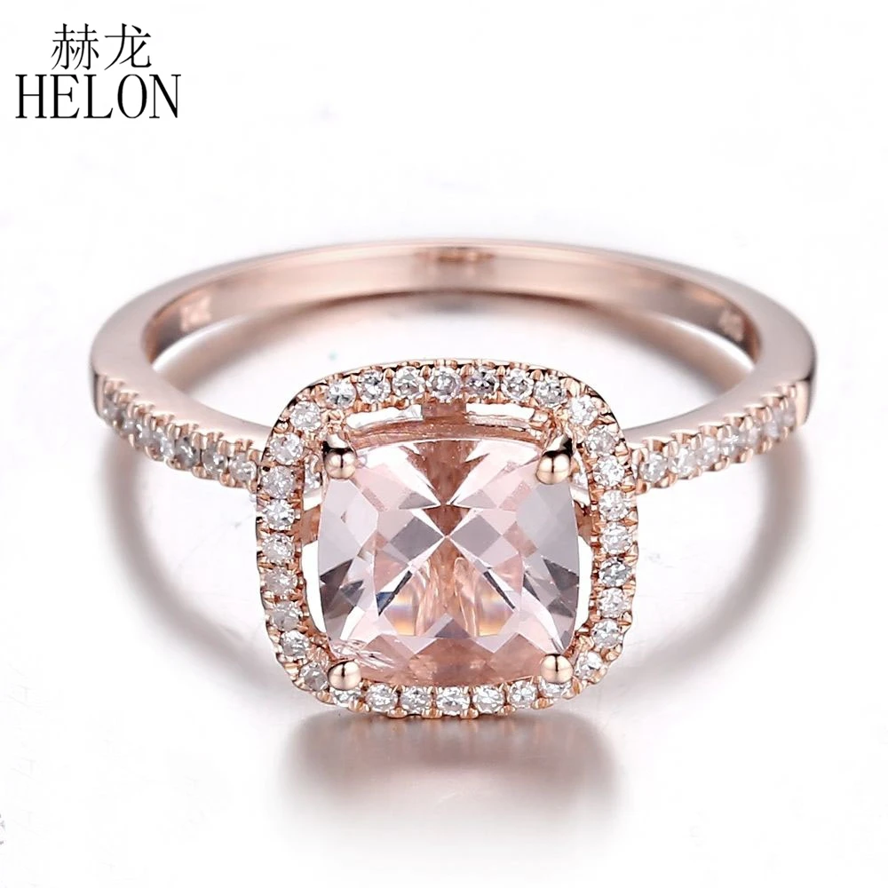 

HELON Cushion 7mm Natural Morganite Solid 18k 14k 10k Rose Gold Ring Halo Diamonds Engagement Wedding Ring For Women Jewelry