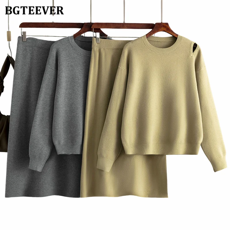 

BGTEEVER Autumn Winter Sweater Set Thicken Warm Ladies Knitted Skirts Set O-neck Pullovers Ladies Elastic Waist Straight Skirts
