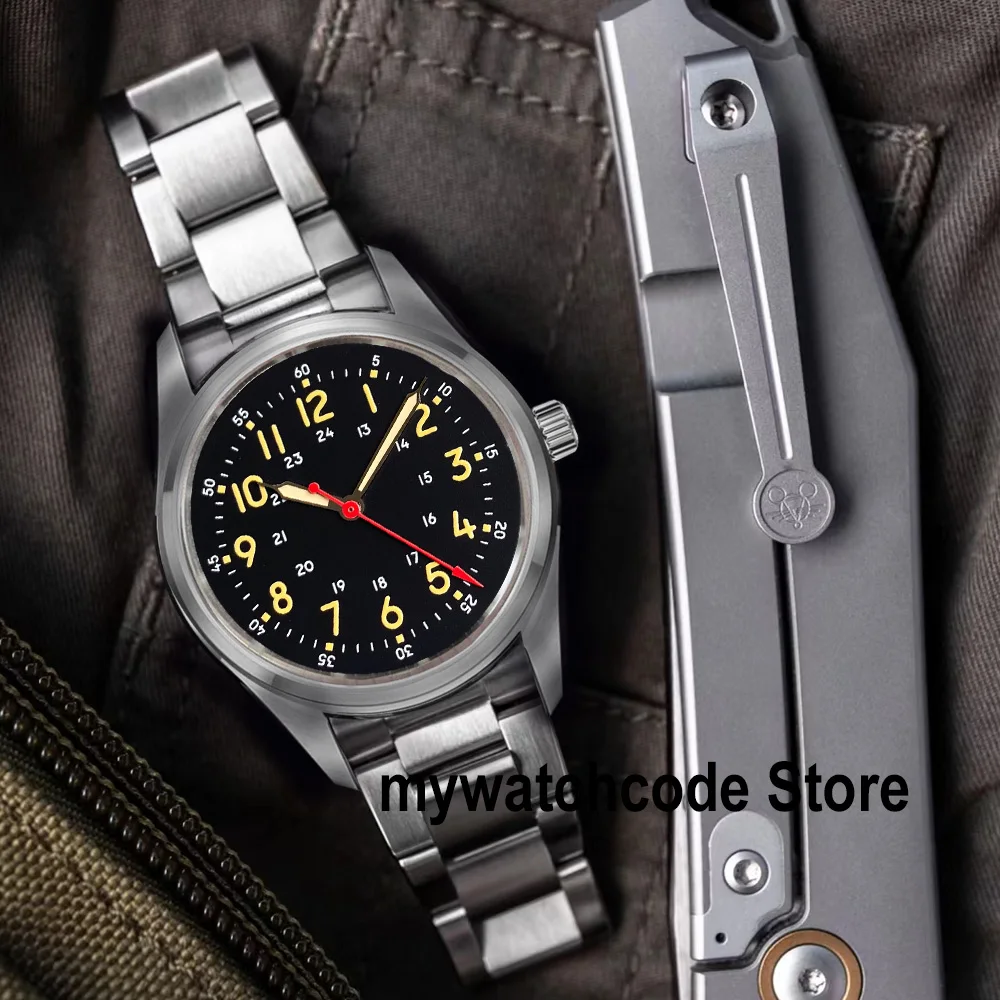 Tandorio 36mm Military Mechanical Red Yellow Mark Vintage Diving Watch Men Wristwatch NH35 PT Moving Small Pilot Red Arrow Hand