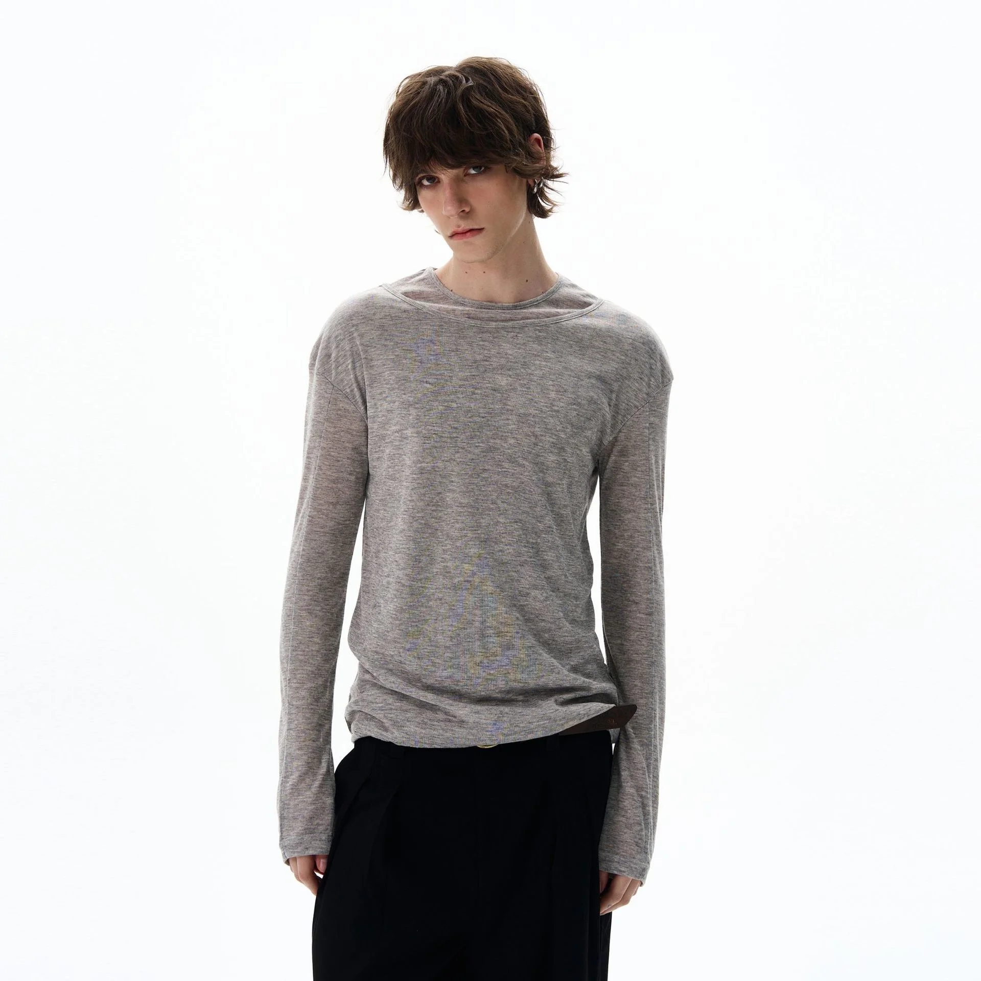 

2026 Spring New Men Solid Color Double Layer Neck Long Sleeve T shirt Fake 2 Piece Crew Neck Casual Slim Fit Base Layer Top