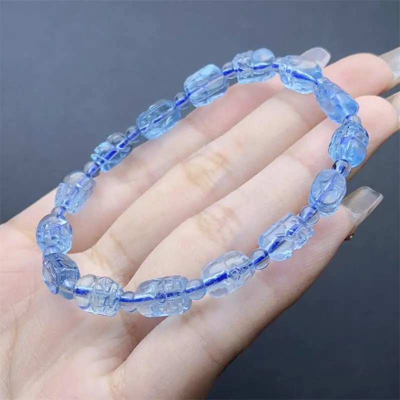 Natural Aquamarine Pixiu Bracelet Handmade Jewelry Stretch Bangle Children Birthday Holiday Gift 1PCS 5-6MM