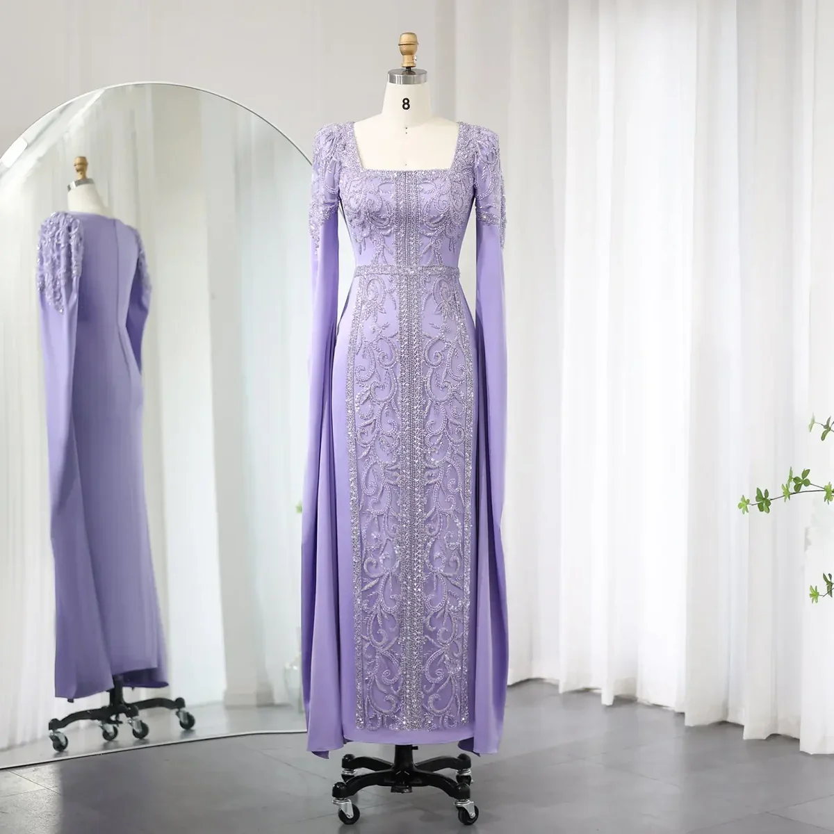 

Customized Luxurious Elegant Evening Gown Dresses Purple Sheath Square Collar Satin Floor Length Beading Rhinestone Prom Dresses