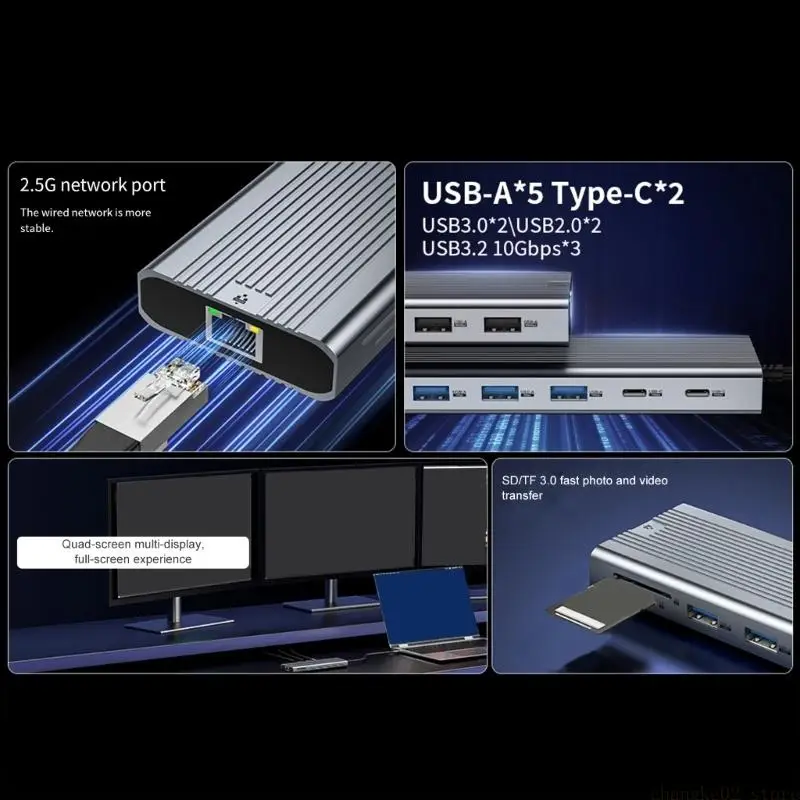 

Док-станция USB C из алюминиевого сплава 14 в 1 с поддержкой тройного дисплея 4K, 120 Гц