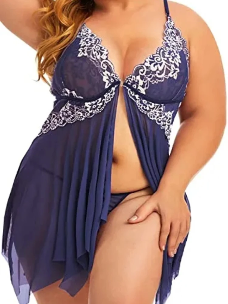 Plus Size Babydoll dla kobiet bielizna nocna z otwartym przodem, koronkowa koszula nocna z dekoltem w szpic seksowna koszula nocna szlafrok ciążowy