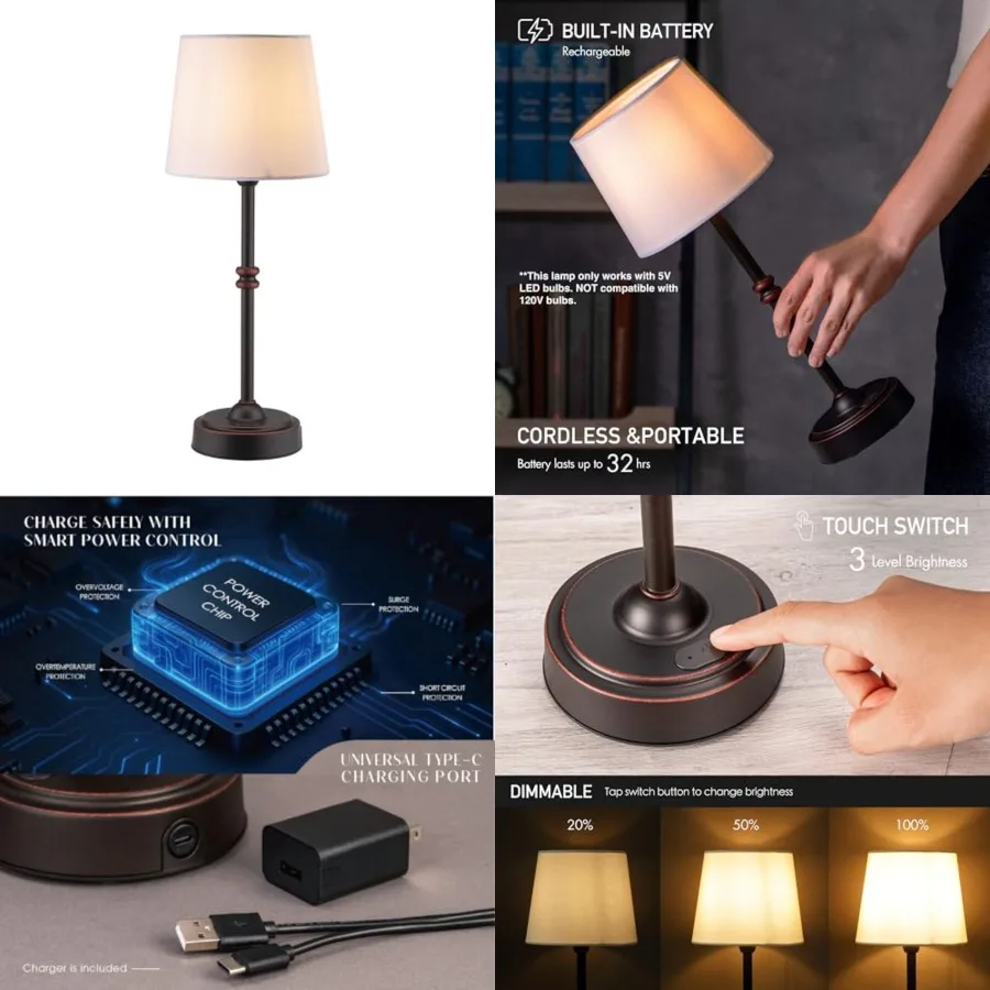

O'Bright Seraph - Cordless LED Table Lamp with Dimmer, Built-in Rechargeable Battery, 3-Level Brightness, Patio Table Lamp, Bed