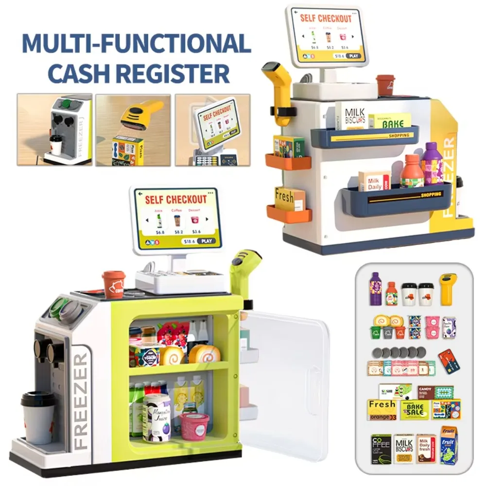 2 in 1 Simulation Supermarket Cash Register Coffee Machine Toys Pretend Play Toy with Scanner and Calculator Play food for Kids