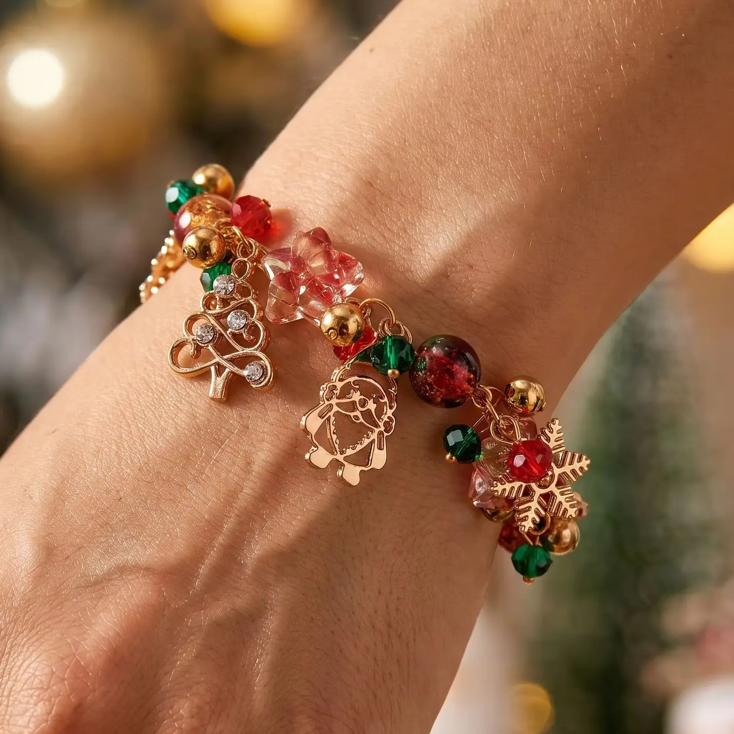 Vintage Christmas Tree Santa Snowflake Beaded Bracelet for Women Colorful Bow Stocking Charm Bangle Xmas Holiday Jewelry Gift