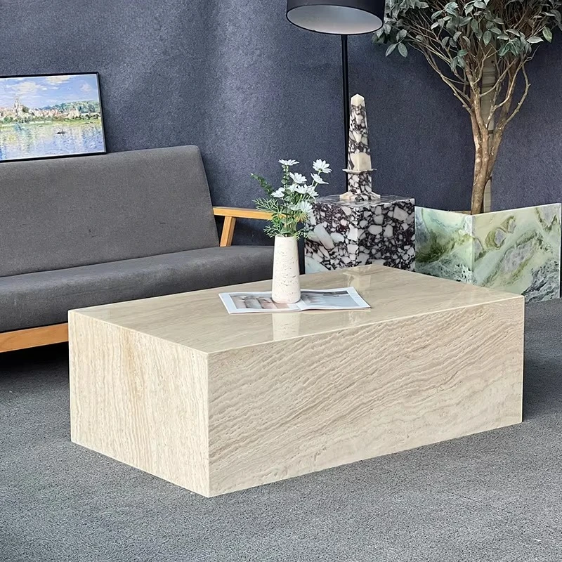 Wabi-sabl Style Modern Cube Low Plinth Super White Travertine Coffee Table for Livingroom Villa Hotel Decor