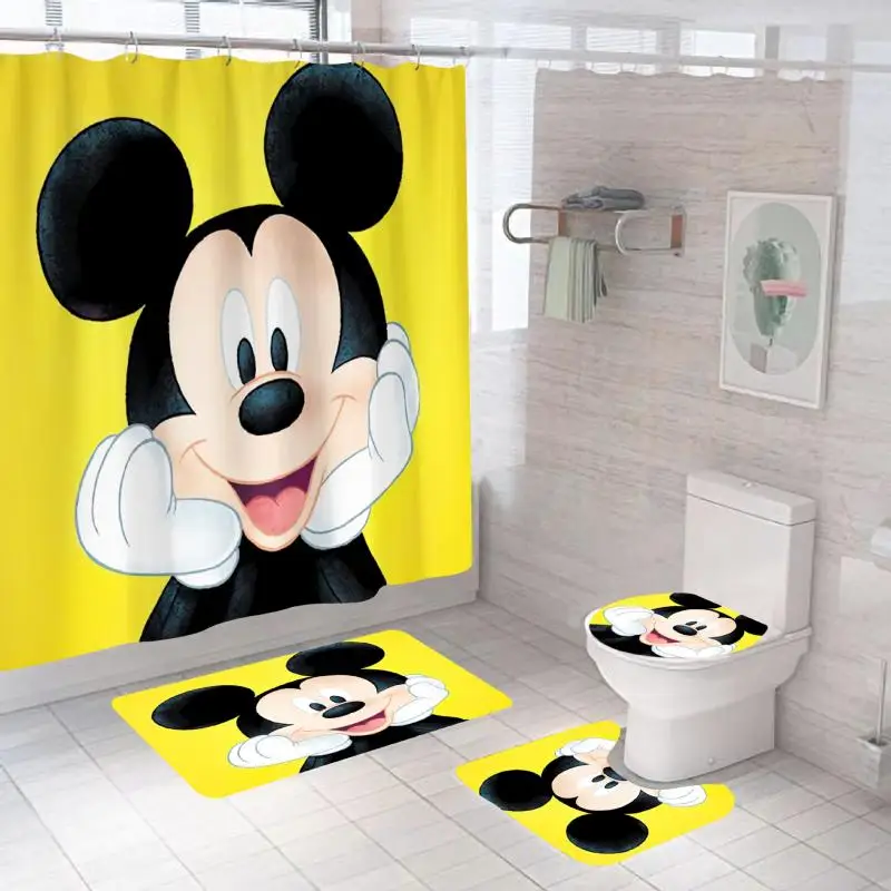 MINISO Mickey Minnie Shower Curtain Three Piece Set Disney Bathroom Printing Water Proof Shower Curtain Carpet U-Shaped Pad