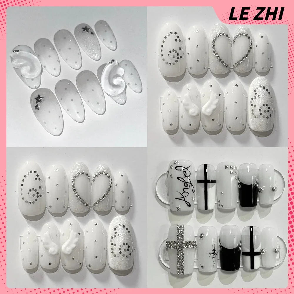 Y2K Retro Wings Stars Glitter Press On Nails Art Almond Diamond Polka Dot White Simple Steel Ball Diy Handmade Reuse Nail Art