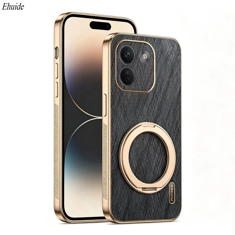 Case For Redmi Note 17 Pro Max 17C Magnetic Ring Holder Gold Silk Plastic PU Leather Luxury Plating Shockproof Redmi 15 A7 Cover