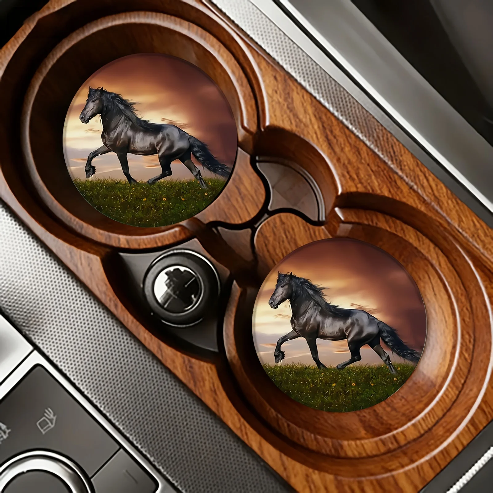 2/4pcs Sunset Grassland Black Steed Coasters: 2.76inch Anti-slip Pads With Galloping Horse Pattern, Decorative Storage Mats For