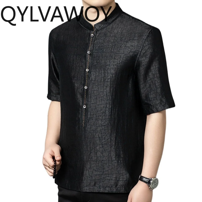 

QYLVAWOY Элитные мужские рубашки из 100% натурального шелка тутового шелкопряда, летние топы с коротким рукавом 2026, двусторонняя шелковая рубашка из марлевого шелка