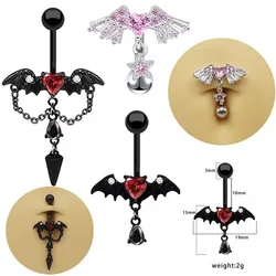 New Sweet Cool Girl Wings Heart Shaped Bellybutton Ring Chain Pink Black Brick Inlaid Navel Nail Exquisite Fashion Body Jewelry